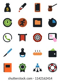 Color and black flat icon set - money bag vector, stamp, dropper, scalpel, run, phone back, stopwatch, folder, sertificate, copybook, hierarchy, bread, turkish coffee, home control app, wallet