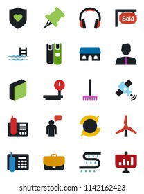 Color and black flat icon set - speaking man vector, rake, drip irrigation, heart shield, heavy scales, satellite, headphones, radio phone, paper pin, update, office, blank box, book, pool, windmill