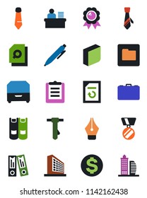 Color and black flat icon set - office building vector, dollar sign, book, case, binder, medal, pen, tie, document reload, clipboard, folder, search, ink, blank box, manager desk, archive