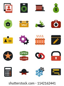 Color and black flat icon set - identity vector, camera, chain, speaker, settings, notes, lock, photo gallery, sale, office building, heater, estate insurance, dress code, open close, snowflake