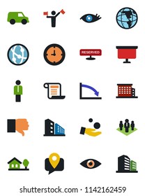 Color and black flat icon set - dispatcher vector, manager, presentation board, eye, mobile tracking, clock, network, finger down, company, house with tree, office building, reserved, earth, crisis