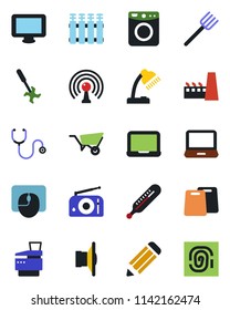 Color and black flat icon set - mouse vector, notebook pc, pencil, farm fork, wheelbarrow, ripper, stethoscope, thermometer, radio, antenna, speaker, monitor, laptop, desk lamp, copier, factory