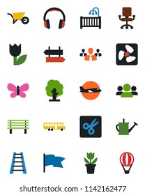 Color and black flat icon set - airport bus vector, signpost, plane, flower in pot, ladder, tree, watering can, wheelbarrow, butterfly, bench, tulip, headphones, cut, children room, fan, group, flag