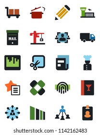 Color and black flat icon set - airport building vector, hierarchy, pencil, patch, car delivery, cargo, sorting, favorites list, scanner, cut, fingerprint id, news, hr, mailbox, crane, cook, pass