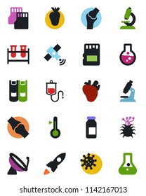 Color and black flat icon set - satellite antenna vector, book, blood test vial, dropper, microscope, ampoule, real heart, joint, virus, sd, thermometer, rocket, flask
