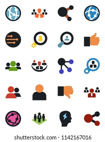 Color and black flat icon set - team vector, brainstorm, network, share, group, finger up, down, user, company, client search, consumer, social media