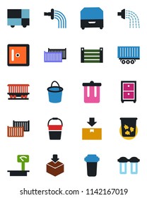 Color and black flat icon set - trash bin vector, checkroom, bucket, watering, railroad, truck trailer, cargo container, consolidated, package, heavy scales, archive box, water filter