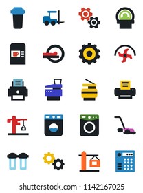Color and black flat icon set - coffee machine vector, fork loader, gear, ripper, lawn mower, tomography, printer, copier, crane, water filter, washer, combination lock