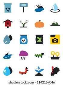 Color and black flat icon set - storm cloud vector, water drop, plant label, pumpkin, seeds, caterpillar, pond, bird house, fertilizer, photo gallery, mountains, flower in pot, irrigation