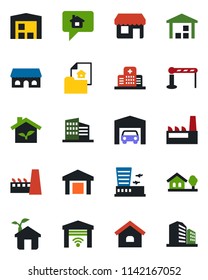 Color and black flat icon set - barrier vector, airport building, hospital, warehouse, house, with tree, garage, estate document, office, factory, cafe, eco, gate control, home message, storefront