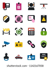 Color and black flat icon set - alarm car vector, identity, card, shield, chain, face id, eye, stamp, lock, vip zone, fingerprint, intercome, home control app, combination, surveillance, sprinkler
