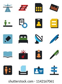 Color and black flat icon set - runway vector, elevator, escalator, bomb in case, identity card, book, pen, document, reload, barcode, satellite antenna, sim, notes, paper tray, bedroom, pass