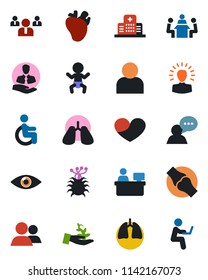Color and black flat icon set - baby vector, team, manager place, disabled, lungs, real heart, eye, joint, hospital, virus, client, speaker, group, user, meeting, palm sproute, shining head