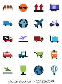 Color and black flat icon set - plane vector, departure, arrival, baggage trolley, train, waiting area, fork loader, wheelbarrow, ambulance car, bike, earth, truck trailer, delivery, fragile, moving