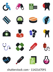 Color and black flat icon set - disabled vector, heart pulse, doctor case, diagnosis, stethoscope, dropper, thermometer, pills, blister, patch, tomography, caries, joint, hospital, flask