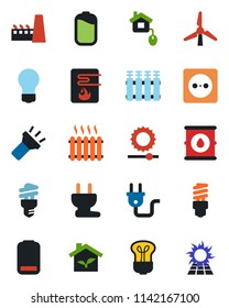 Color and black flat icon set - bulb vector, oil barrel, low battery, torch, brightness, windmill, heater, factory, home control, eco house, socket, power plug, water, radiator, energy saving