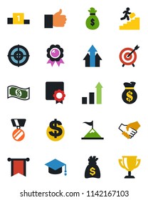 Color and black flat icon set - growth statistic vector, dollar sign, medal, graduate, money bag, finger up, sertificate, target, career ladder, arrow graph, motivation, handshake, pennon, cash