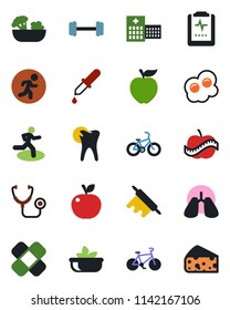 Color and black flat icon set - stethoscope vector, dropper, patch, barbell, bike, run, lungs, caries, pulse clipboard, diet, hospital, salad, rolling pin, omelette, apple fruit, cheese