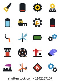 Color and black flat icon set - airport tower vector, gear, factory, glove, saw, sickle, sea port, flammable, reel, battery, low, root setup, sun panel, windmill, crane