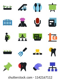 Color and black flat icon set - spoon and fork vector, ladder car, presentation board, garden, glove, seedling, caries, pregnancy, microphone, paper pin, news, hierarchy, fence, crane, cook