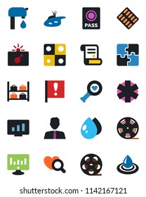 Color and black flat icon set - bomb in case vector, passport, luggage storage, statistic monitor, contract, water drop, heart diagnostic, pills blister, ambulance star, important flag, reel, pond