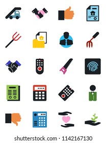 Color and black flat icon set - ladder car vector, handshake, garden fork, farm, saw, heart hand, client, finger up, down, fingerprint id, contract, estate document, waiter, remote control