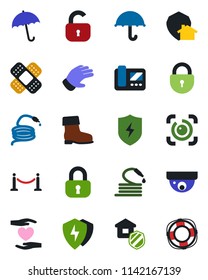 Color and black flat icon set - fence vector, umbrella, lock, glove, boot, hose, patch, heart hand, protect, eye id, estate insurance, intercome, home, surveillance, crisis management