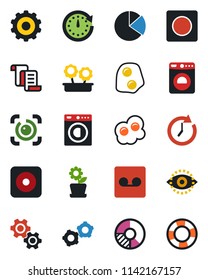 Color and black flat icon set - washer vector, gear, contract, circle chart, rec button, record, eye id, pie graph, flower in pot, omelette, clock, crisis management