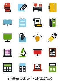 Color and black flat icon set - book vector, calculator, abacus, desk, notepad, presentation board, pencil, contract, microscope, paper clip, shining head