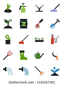 Color and black flat icon set - garden fork vector, shovel, farm, rake, watering can, sproute, boot, seedling, hoe, sickle, sprayer, fertilizer, flower in pot, irrigation