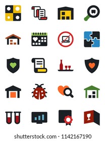 Color and black flat icon set - no laptop vector, contract, statistic monitor, lady bug, blood test vial, heart diagnostic, shield, medical calendar, warehouse, search cargo, application, alcohol