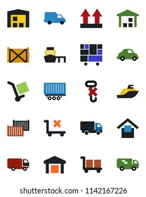 Color and black flat icon set - sea shipping vector, truck trailer, cargo container, car delivery, port, consolidated, warehouse storage, up side sign, no trolley, hook, moving