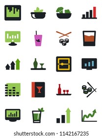 Color and black flat icon set - growth statistic vector, monitor, equalizer, scanner, statistics, bar graph, alcohol, wine card, drink, phyto, salad, sushi, arrow up