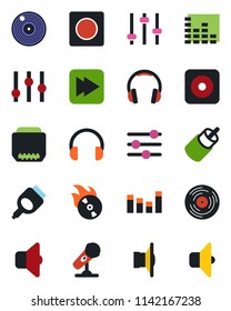 Color and black flat icon set - vinyl vector, flame disk, microphone, speaker, settings, equalizer, headphones, fast forward, rec button, rca, hdmi, tuning, record, sound