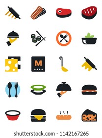 Color and black flat icon set - spoon and fork vector, menu, salad, plates, bacon, waiter, bread, steak, hamburger, ladle, bowl, rolling pin, sushi, cheese