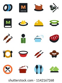 Color and black flat icon set - spoon and fork vector, waiter, dish, serviette, cafe, menu, plates, dress code, chicken, steak, kebab, bowl, steaming pan, sushi