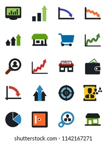 Color and black flat icon set - checkroom vector, growth statistic, crisis graph, store, monitor statistics, pie, hr, target, consumer search, arrow up, wallet, cart, storefront