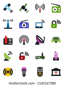 Color and black flat icon set - antenna vector, satellite, wireless notebook, office phone, radio, remote control, lock, router, garage gate