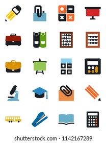 Color and black flat icon set - airport bus vector, book, calculator, graduate, abacus, presentation board, microscope, case, paper clip, pencil, stapler