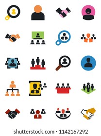 Color and black flat icon set - handshake vector, hierarchy, pedestal, team, patient, user, company, hr, meeting, client search, consumer, group