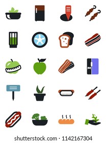 Color and black flat icon set - seedling vector, plant label, diet, fridge, drink, salad, bacon, bread, kebab, hot dog, apple fruit, fan, palm sproute