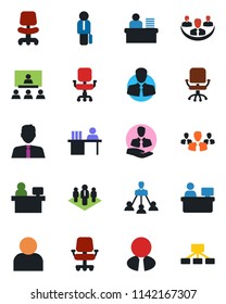 Color and black flat icon set - office chair vector, manager place, client, user, company, desk, hierarchy, estate agent, group