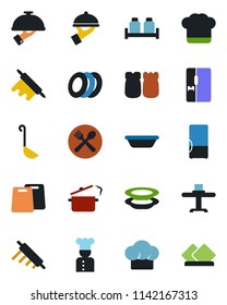 Color and black flat icon set - fridge vector, cook, restaurant table, cafe, hat, plates, waiter, salt and pepper, ladle, bowl, rolling pin, cutting board, steaming pan, serviette