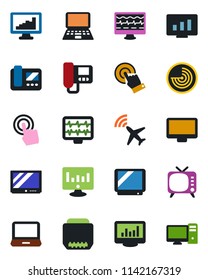 Color and black flat icon set - plane radar vector, notebook pc, statistic monitor, pulse, tv, touch screen, laptop, hdmi, statistics, intercome