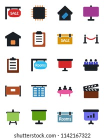 Color and black flat icon set - fence vector, flight table, presentation board, meeting, clapboard, clipboard, sale, rooms, smart home, chip