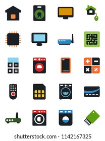 Color and black flat icon set - washer vector, calculator, monitor, speaker, phone back, sim, smart home, credit card, control, chip, remote, router, usb flash