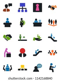 Color and black flat icon set - escalator vector, female, baby room, reception, handshake, speaking man, team, pregnancy, speaker, manager desk, meeting, estate agent, group, palm sproute, hierarchy