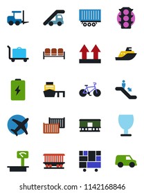 Color and black flat icon set - baggage trolley vector, escalator, waiting area, fork loader, ladder car, bike, railroad, plane, traffic light, sea shipping, truck trailer, cargo container, port