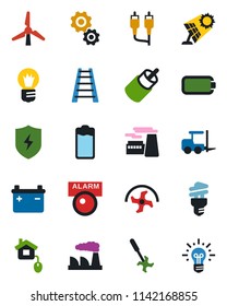 Color and black flat icon set - fork loader vector, bulb, factory, ripper, ladder, battery, rca, protect, windmill, home control, energy saving, sun panel, alarm led, gear, idea