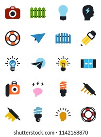 Color and black flat icon set - automatic door vector, brainstorm, bulb, camera, pencil, fence, rolling pin, energy saving, shining head, idea, paper plane, crisis management